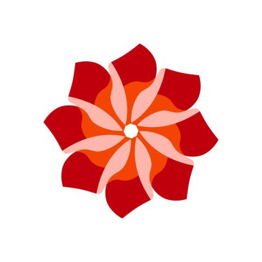 Büyüleyici bir geometrik tasarım. Beyaz arkaplana karşı koyu kırmızı yapraklı ve turuncu merkezli bir çiçek deseni var..