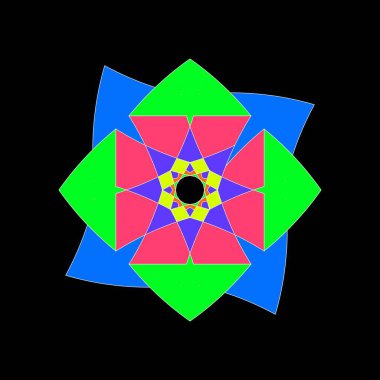 Siyah arkaplana karşı koyu kırmızı, yeşil, mavi ve sarı şekilli büyüleyici bir geometrik tasarım..