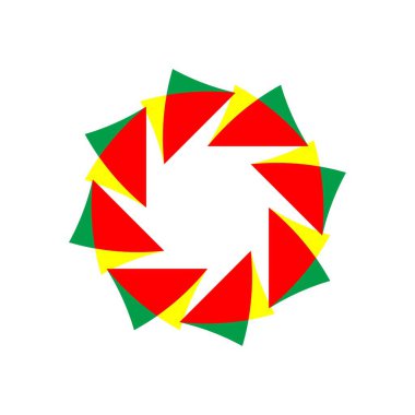 Büyüleyici bir geometrik tasarım. Beyaz arka planda koyu kırmızı, yeşil ve sarı üçgenli bir yıldız deseni var..