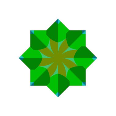 Büyüleyici bir geometrik tasarım. Beyaz arkaplana karşı koyu yeşil şekilli ve sarı aksanlı bir yıldız deseni..