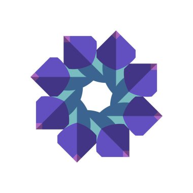 Büyüleyici bir geometrik tasarım, beyaz bir arkaplana karşı koyu mor şekilli ve deniz mavisi aksanlı bir yıldız deseni içeriyor..