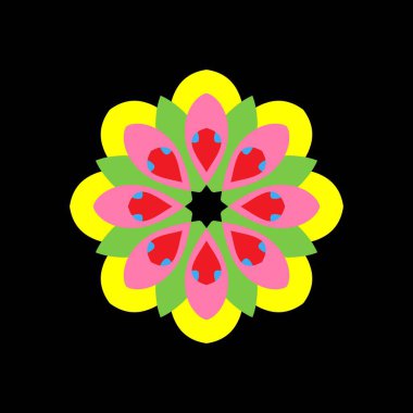 Radyal simetriye sahip dinamik soyut tasarım ve siyah arkaplanda çiçek benzeri elementler