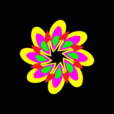 Radyal simetriye sahip dinamik soyut tasarım ve siyah arkaplanda çiçek benzeri elementler