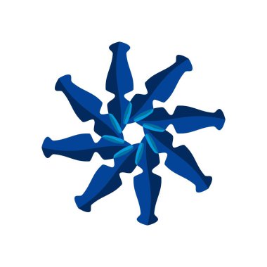 Radyal simetriye sahip canlı soyut tasarım ve beyaz arkaplanda dönen elementler