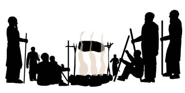 Black silhouettes of men and boys stand around the fire. The historical figures are dressed in robes and have sticks in their hands. A circle of stones and a facility for roasting lamb. Vector  clipart