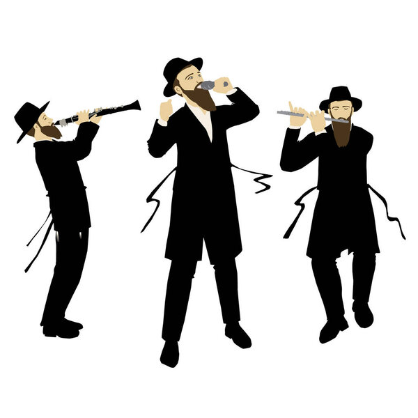 A painting of a singer and flute and clarinet players Hasidic Jewish Orthodox observant, singing and dancing. Dressed in a coat, a black suit and a hat. with a sash.Colorful vector. isolated. 