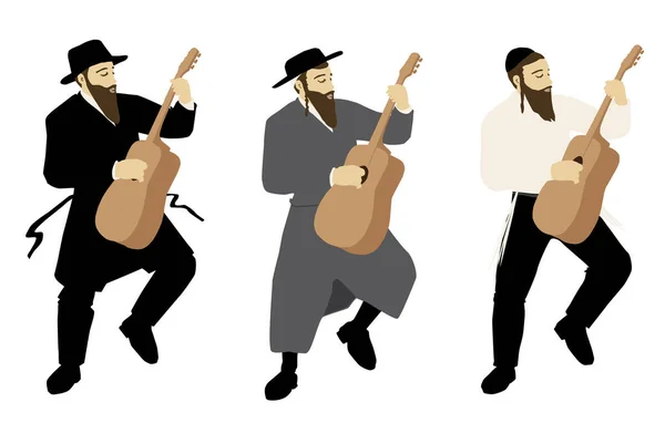 观察极端东正教犹太音乐家的各种服装风格 Hassidic Jerusalem Emite Classical 弹吉他 白色背景上的彩色矢量 孤立的数字 — 图库矢量图片