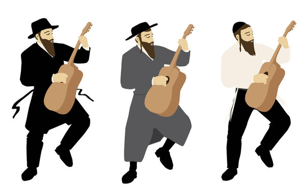 Observant ultra - Orthodox Jewish musicians in a variety of clothing styles. Hassidic, Jerusalemite, classical. Play guitars, dance and sing. Colorful vector on a white background. Isolated figures