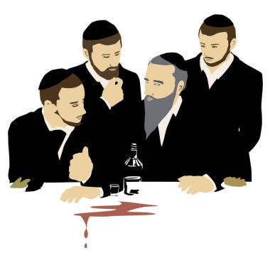 Farbrengen - Yahudi Hasidik toplantısı. Bir haham ve yeşiva öğrencileri oturur ve tanışırlar. Masanın üzerinde bir şişe votka ve bir bardak vardır. Ve yemek tabakları. Yaşlı olan konuşuyor. Düz vektör