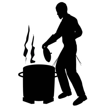 Black silhouette. A Orthodox Religious Jewish man dips the lid of a pot into boiling water as part of preparing the dishes for Passover. vector. clipart
