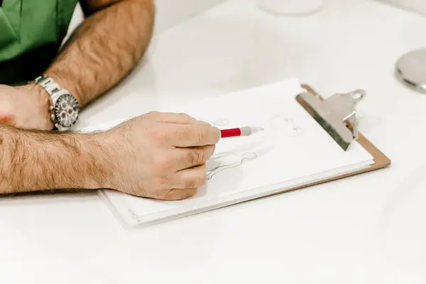 Detailed view of an aesthetic surgeon\'s hand pointing at a document, illustrating professional consultation and decision-making