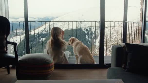 Woman Her Dog Looking Out Wintry Mountainscape Contemporary Home — Stok Video