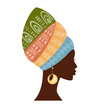 Beautiful African woman silhouette in traditional multicoloured  turban (profile view). Black afro women vector isolated with traditional batik, ethnic background. African Logo.