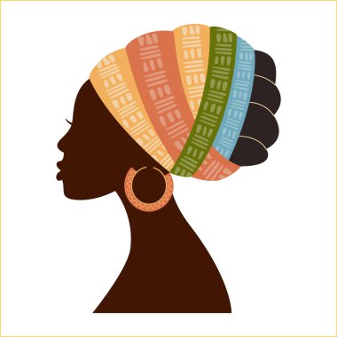 Beautiful African woman silhouette in traditional multicoloured  turban (profile view). Black afro women vector isolated with traditional batik, ethnic background. African Logo.
