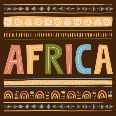Africa concept with hand lettering text. Stylised African Pattern on dark background. Ethnic and Tribal Motifs. Hand drawn. Horizontal stripes. For banner, poster, flyer. Vector illustration.