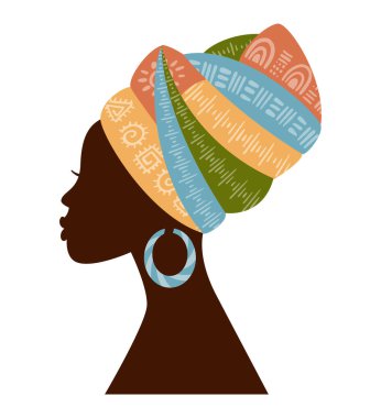 Beautiful African woman silhouette in traditional multicoloured  turban (profile view). Black afro women vector isolated with traditional batik, ethnic background. African Logo.