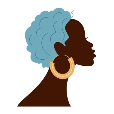 Beautiful African woman silhouette with big traditional earrings. Black afro woman vector isolated on white background.