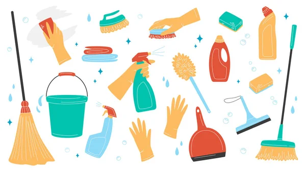 手绘一套清洁用品 家务和清洁的概念 各种清洁用品 孤立的病媒图解 — 图库矢量图片#