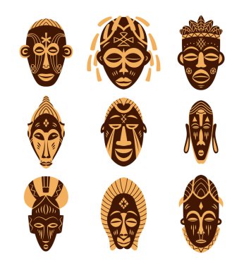 Set of African ethnic tribal ritual masks isolated on white background. Ritual symbols. Two colours. Vector illustration.