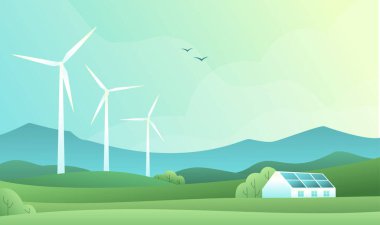 Rural spring landscape with fields, hills, wind turbine and barn or house with solar panels. Vector illustration of countryside. Green energy concept. Clean electric energy from renewable sources.