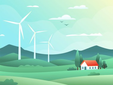 Rural spring landscape with fields, hills, wind turbine and house surrounded by cypresses. Vector illustration of countryside. Green energy concept. Clean electric energy from renewable sources.