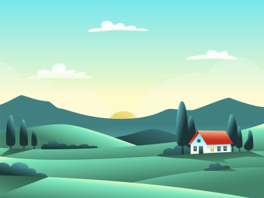 Rural landscape, summer sunrise, panorama view. Fields, hills, and house surrounded by cypresses. Vector illustration of spring or summer countryside. 