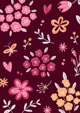 Floral romantic greeting card with lettering and scandinavian flowers on dark background. Floral greeting cards, poster, social media post or banner template. 