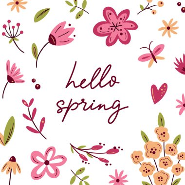 Hello spring. Romantic greeting card with lettering and scandinavian flowers in light colours. Floral greeting cards, poster, social media post or banner template. 