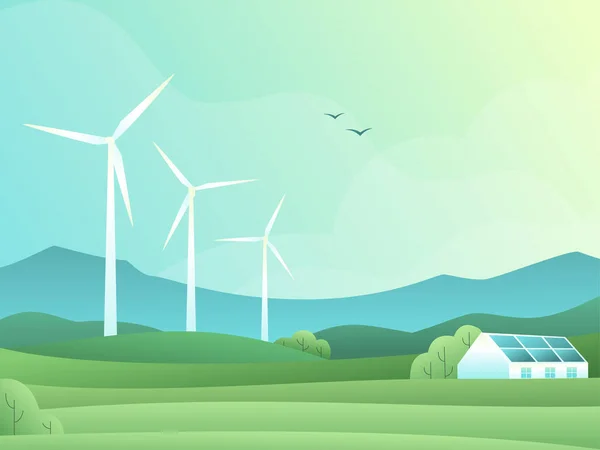 Rural Spring Landscape Fields Hills Wind Turbine Barn House Solar — Stok Vektör
