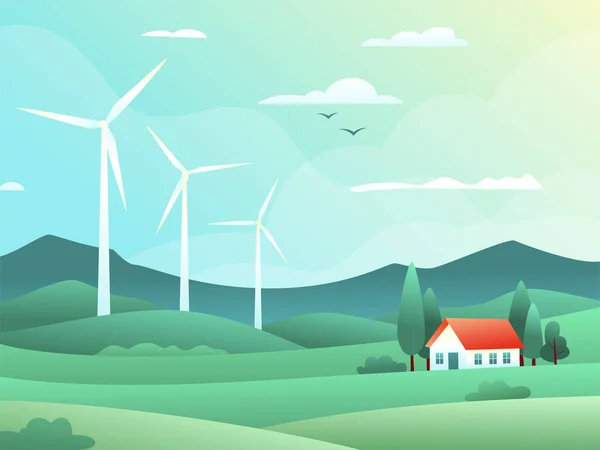 乡村春景 风力涡轮机 房子周围环绕着柏树 农村的病媒图解 绿色能源概念 可再生能源提供的清洁电力 — 图库矢量图片#