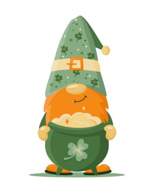 Hand drawn cute gnome in St Patrick's disguise with pot of gold. Irish gnome with shamrocks on hat for good luck. Vector illustration for cards, decor, shirt design, invitation, banner.