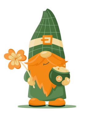 Hand drawn cute gnome in St Patrick's disguise with pot of gold and golden shamrock. Irish gnome  for good luck. Vector illustration for cards, decor, shirt design, invitation, banner.