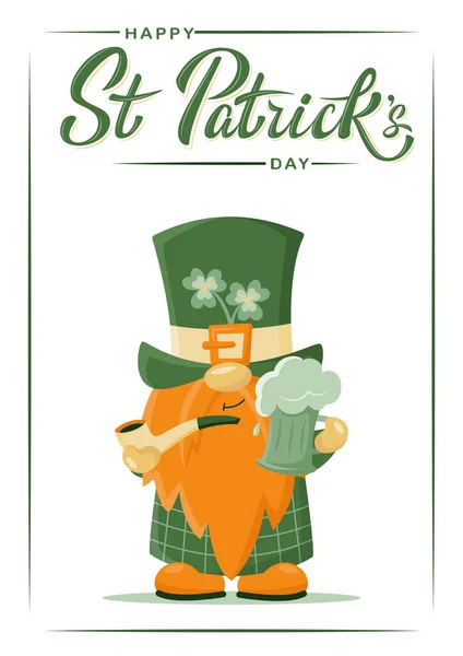 Banner Αφίσα Επιγραφή Happy Patrick Day Και Χαριτωμένο Gnome Μεταμφίεση — Διανυσματικό Αρχείο