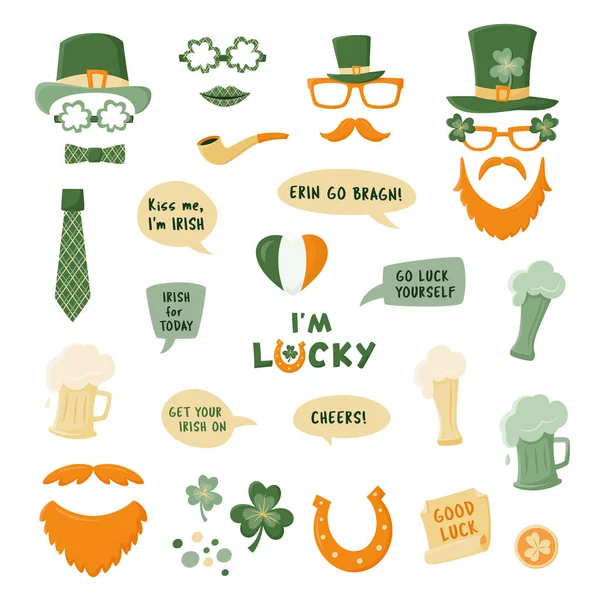 Photo Booth Props Patrick Day Isolated White Photobooth Vector Set — Stock Vector