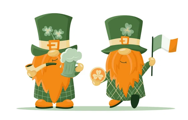 Hand Drawn Cute Gnomes Patrick Disguise Ireland Flag Beer Mag — Stock Vector
