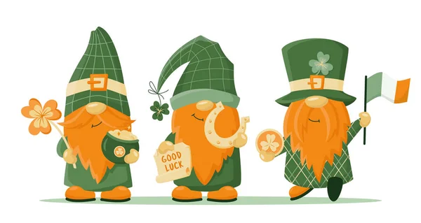 Hand Drawn Cute Gnomes Patrick Disguise Irish Flag Horseshoe Pot — Stock Vector