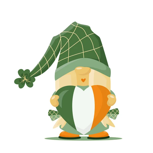 Hand Drawn Cute Gnome Girl Patrick Disguise Heart Ireland Flag — Stock Vector