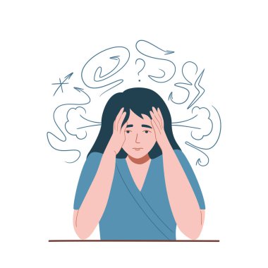 Stres, anksiyete, zihinsel bozukluk, kafa karışıklığı, depresyon konsepti. Hüsrana uğramış genç bir kadın, etrafını düşünmekle çevreleyen kafaya dokunur. Akıl Sağlığı Sorunu, Akıl Hastalığı. İzole edilmiş düz vektör çizimi.