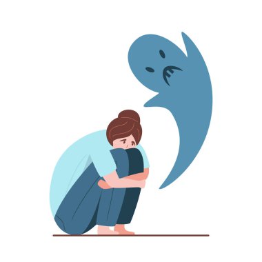 Korku konsepti. Korkmuş genç bir kadın yerde oturuyor ve yüzünü korkunç hayaletten elleriyle kapatıyor. Korku metaforu, akıl sağlığı sorunları, korku, korku, stres. Vektör illüstrasyonu