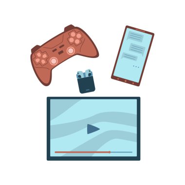 Tablet, akıllı telefon, kulaklık, oyun konsolu, oyun pedleri, joystick içeren akıllı aletler. Teknoloji, yenilik, alet bağımlılığı konsepti. İzole vektör illüstrasyonu.