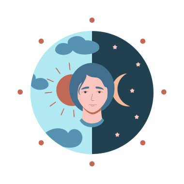 Kadın kafasıyla sirkadyan ritim kavramı. Biyolojik ya da iç vücut saati, uykudan uyanma döngüsü. Gündüz ritim, program, doğal uyku. Sağlıklı yaşam dengesi döngüsü, sabahtan akşama değişim.