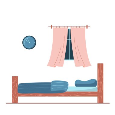 Gece düz vektör çiziminde boş yatak odası. İçinde insan olmayan yatakhane odası. Battaniye ve yastıklı rahat bir yatak, duvarda pencere ve saat. Vektör İllüstrasyonu beyaza izole edildi.