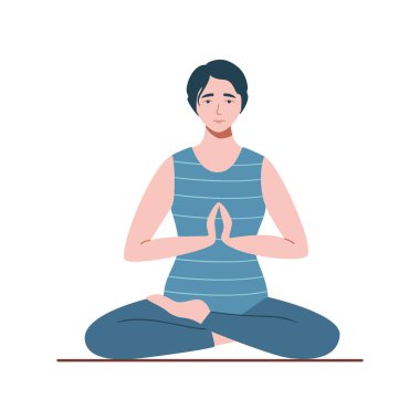 Genç bir kadın bacak bacak üstüne atarak yerde oturur ve açık gözlerle meditasyon yapar. Yoga yapan bir kız. Lotus pozunda meditasyon. Yoga, meditasyon, sağlıklı vücut, rahatlama kavramı. Vektör illüstrasyonu.