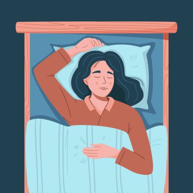 Mutlu kadın derin uykuda, güzel bir rüya görüyor. Genç, uykucu kadın yumuşak yorganın altında yatakta yatıyor. Uyku zamanı, sıkı uyku, yetişkin uykusu, şekerleme, dinlenme konsepti. İzole edilmiş düz vektör çizimi