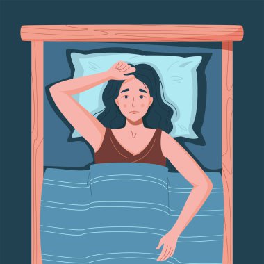 Uyku bozukluğu, uykusuzluk, uykusuzluk. Genç, yorgun ve bitkin bir kadın karanlık gece odasında gözleri açık olarak yatakta yatıyor. Sıkıntılı ve sinirli bir insan. Düz biçimli karakter vektör illüstrasyonu.