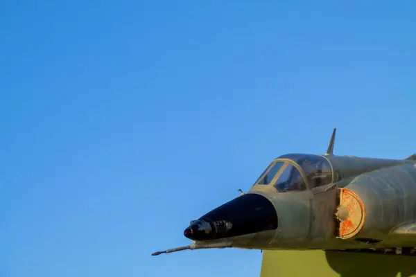 stock image RIO GALLEGOS, ARGENTINA- June 27, 2022 : mirage m5 mara plane taken close up with space for text, monument to air force pilot, veterans day and fallen in falklands