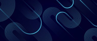 Soyut çoklu açık mavi geometrik çizgi eğrileri koyu mavi arkaplan üzerinde. Gelecekçi teknoloji konsepti. Dekorasyon için grafik tasarım unsuru pankartı. EPS10 vektör illüstrasyonu.