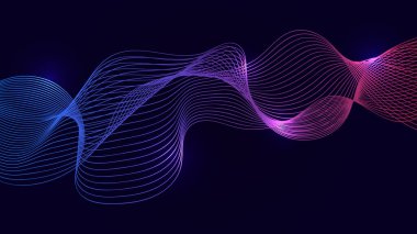 Soyut mavi, mor, pembe dalga çizgileri koyu mavi arkaplanda. Parçacık çizgileri tasarım element afişi fütüristik modern teknoloji bilim dekorasyonu için. EPS10 vektör illüstrasyonu.