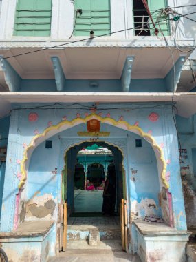 Pushkar, Rajasthan, India - November 2022: View of old architecture of colorful home in Pushkar. Many tourists visits these old home to understand the culture.