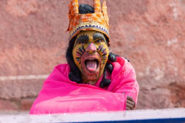 Bikaner, Rajasthan, India - January 2023: Camel festival, Portrait of young artist with painted face of animal while participating in the parade of annual camel festival in Bikaner. Selective focus.